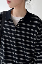 Soft Wool Striped Polo Collar Long Sleeve Tee
