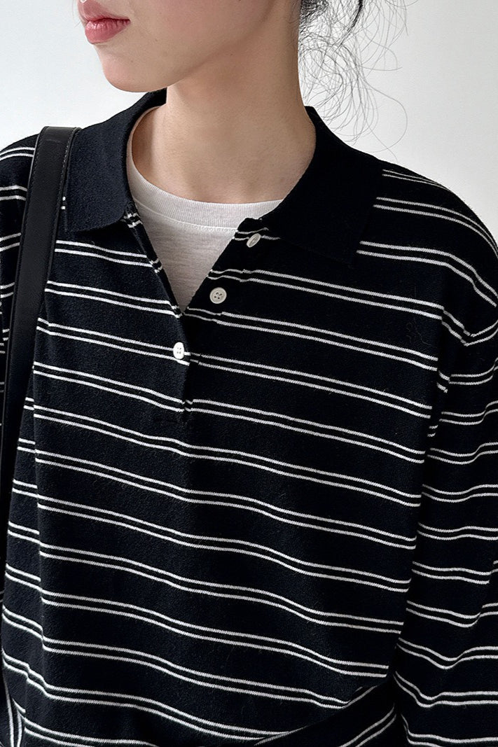 Soft Wool Striped Polo Collar Long Sleeve Tee