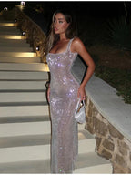 Sequin Square Neck Slim Fit Party Dress