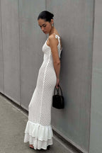 Boho Ruffle Knit Cutout Sheer Cami Maxi Dress