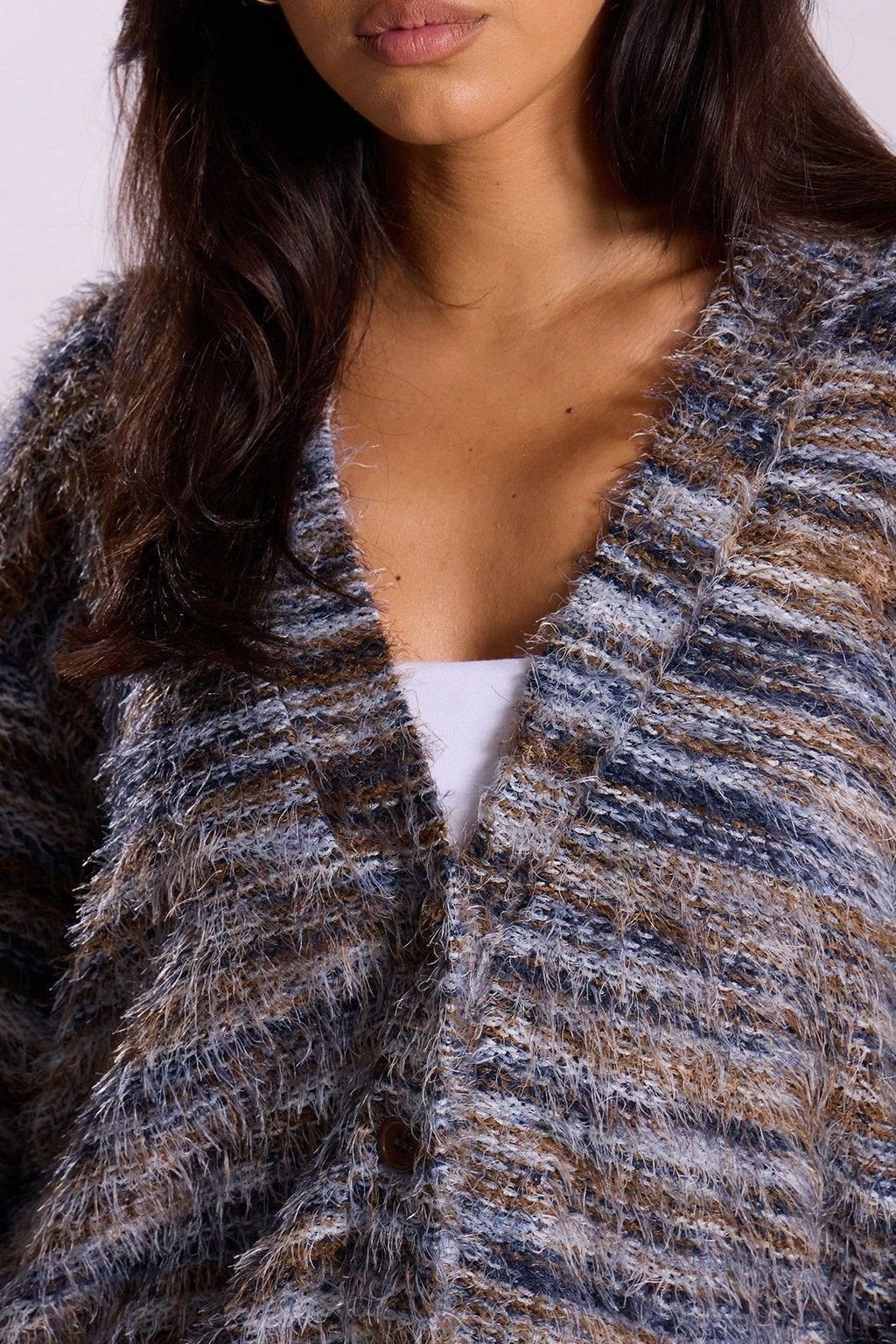 Retro Deep V-Neck Maillard Plush Long-Sleeve Knit Cardigan