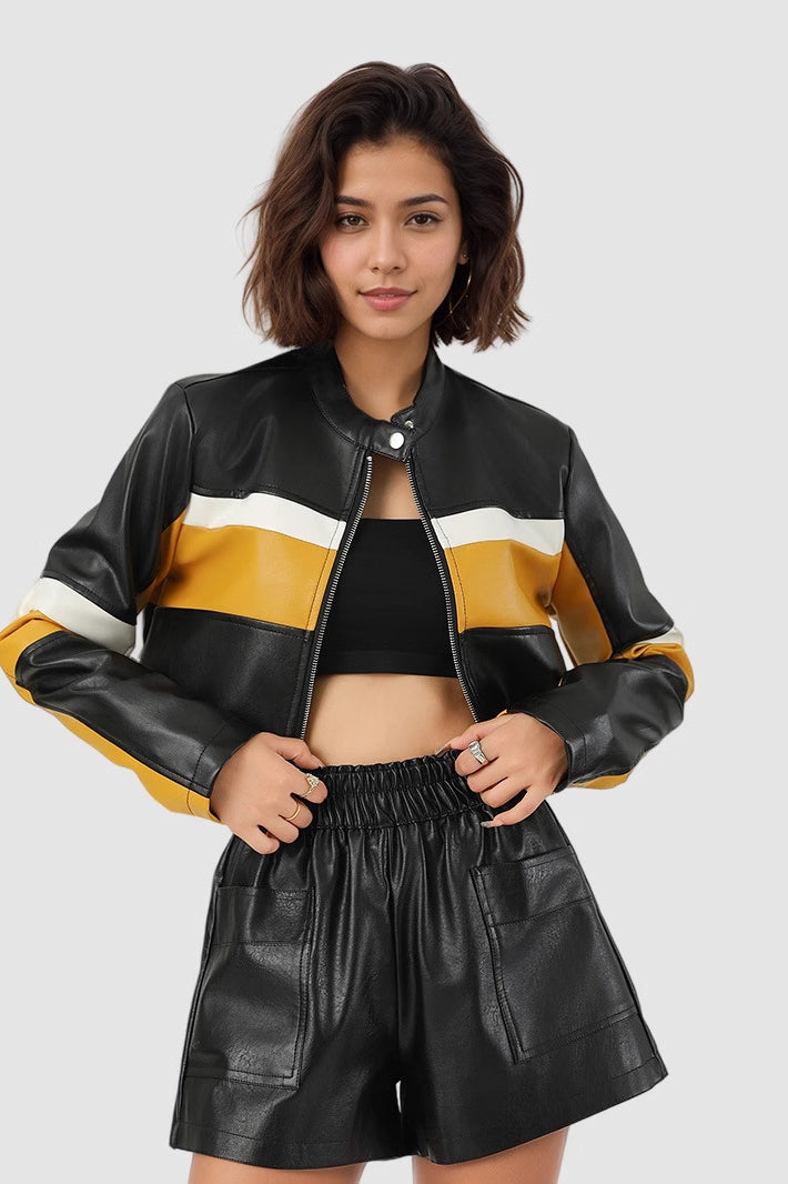 Color-Block Pu Leather Biker Jacket