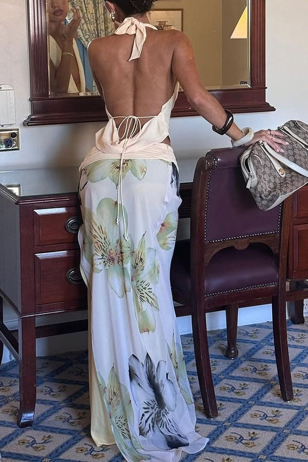 Backless Halter Top Slim Printed Maxi Skirt Set