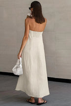Khaki Cotton Linen Strapless Backless Maxi Dress