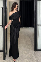 Satin Draped Neck Sheath Formal Dress