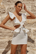 V-Neck Waist Cutout Ruffle Bodycon Mini Dress