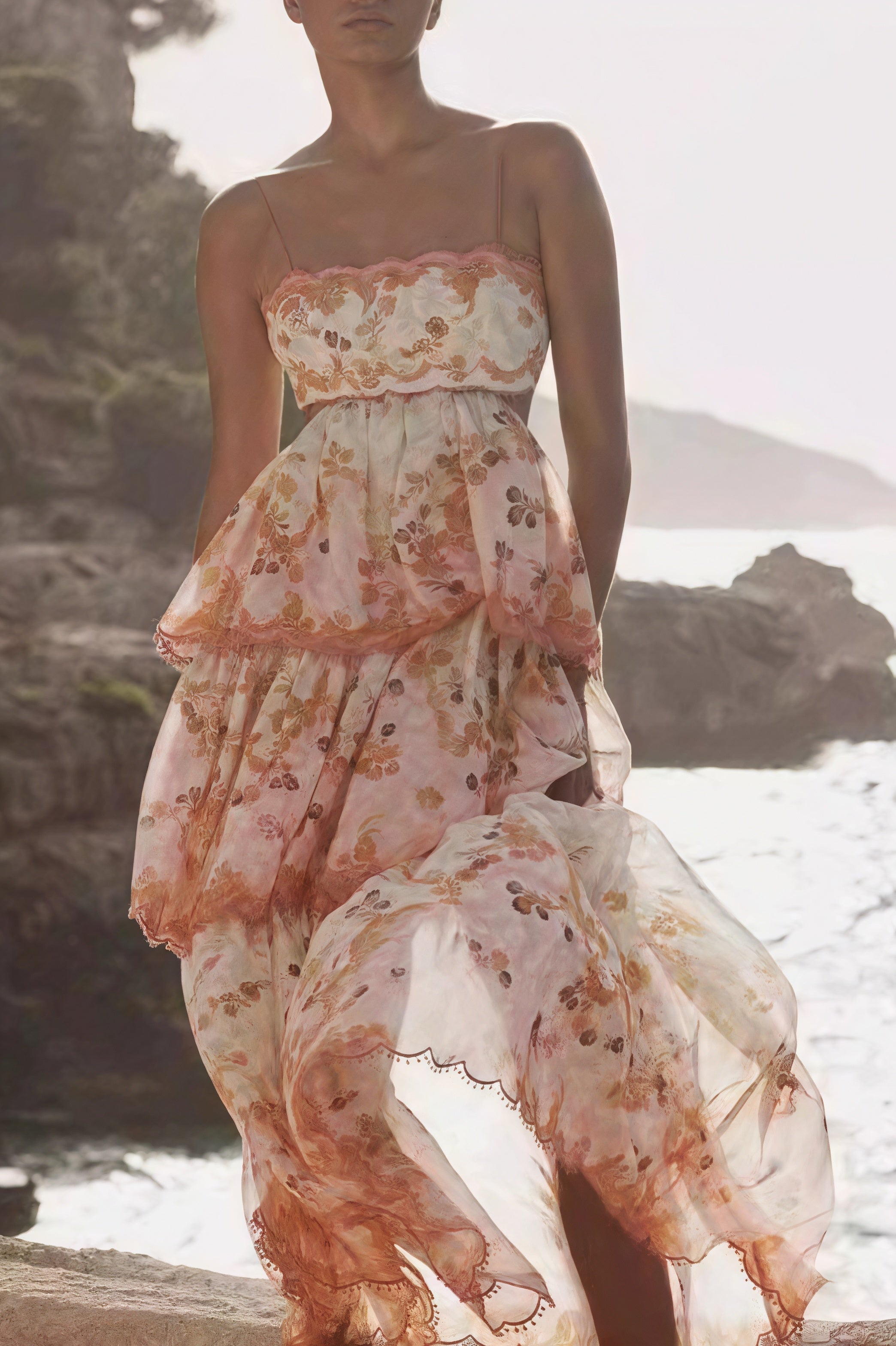 Tiered Spaghetti Strap Tassel Cutout Waist Embroidered Maxi Dress