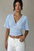 V Neck Striped Bat Sleeve T-Shirt