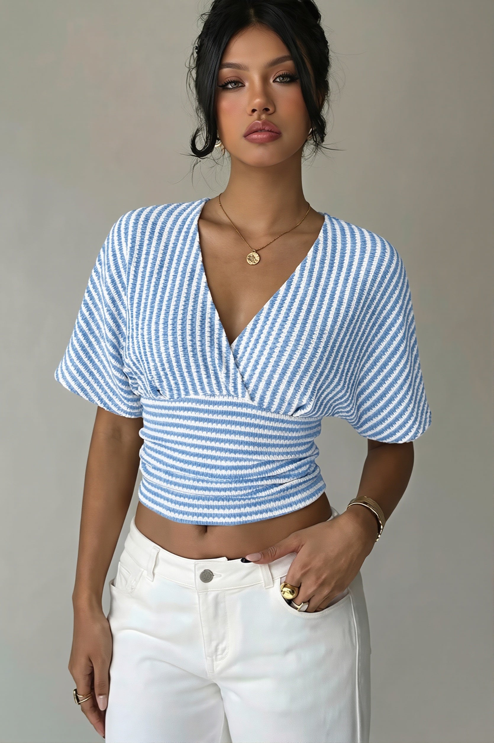 V Neck Striped Bat Sleeve T-Shirt