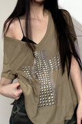 Street Cross Metallic Print Loose Casual T-Shirt