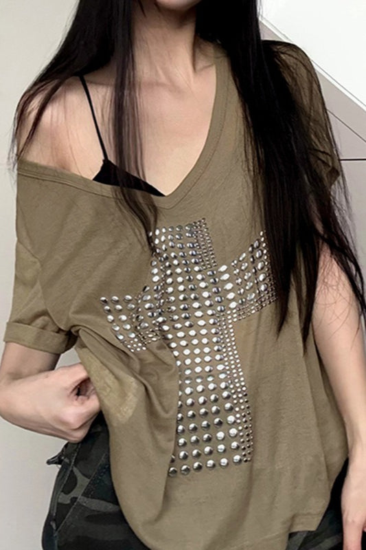 Street Cross Metallic Print Loose Casual T-Shirt