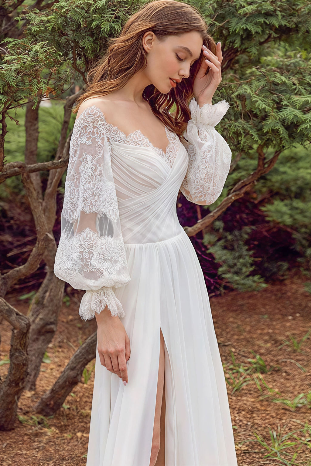 Lace Flowy High Slit Minimalist Reception Dress