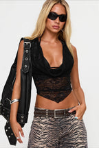 Lace Panel V Neck Sleeveless Slim Fit Halter Top