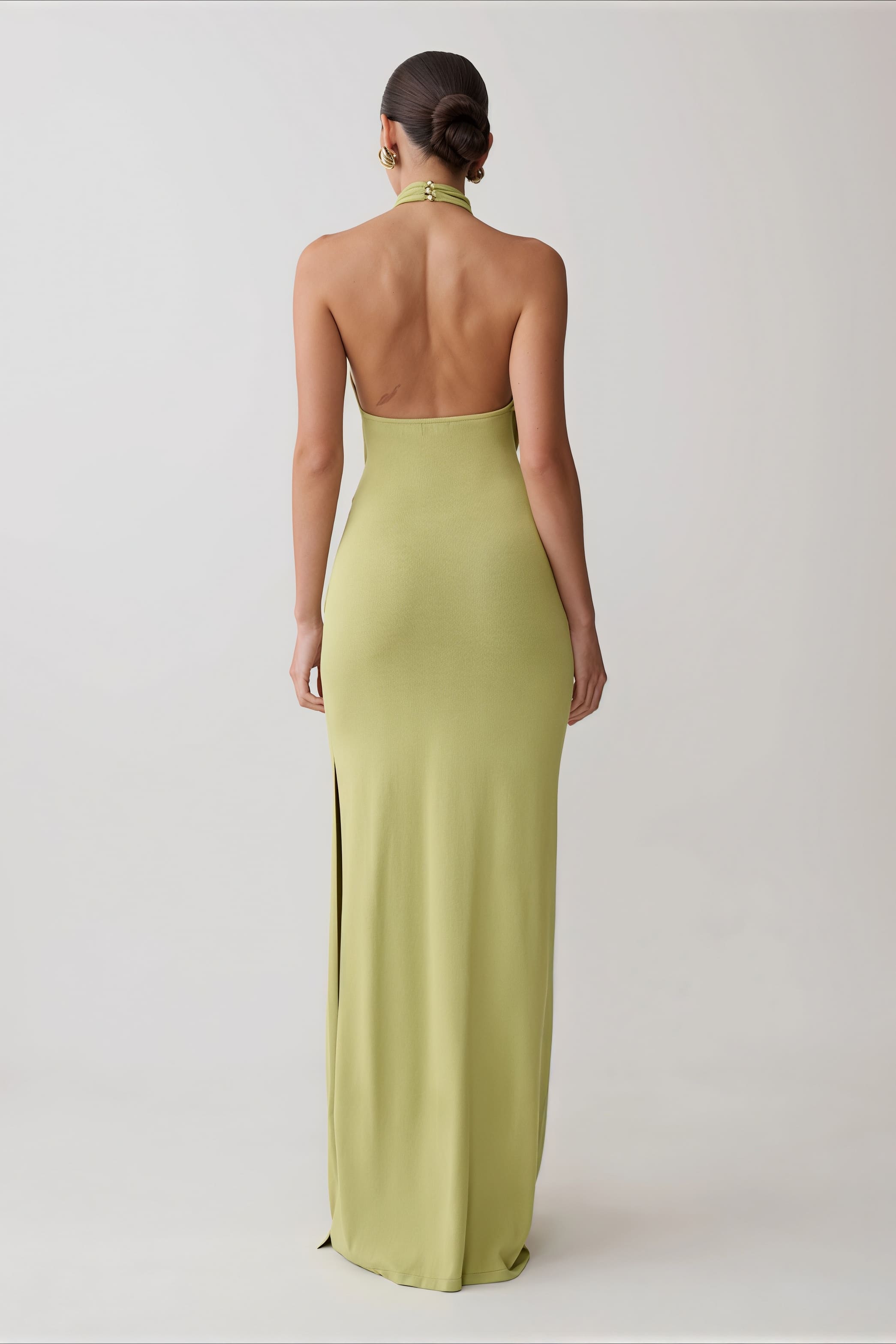 Ribbon Tie Halter Neck Backless Split Bodycon Party Maxi Dress
