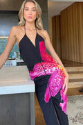 Halter V-Neck Floral Print High Slit Bodycon Maxi Dress