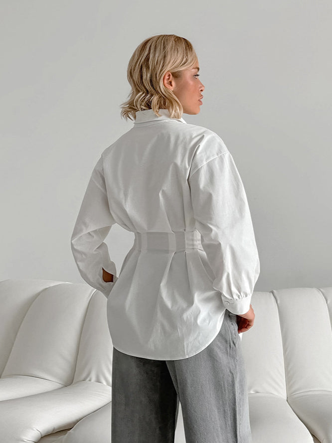 French Long Sleeve Waist-Tied Blouse