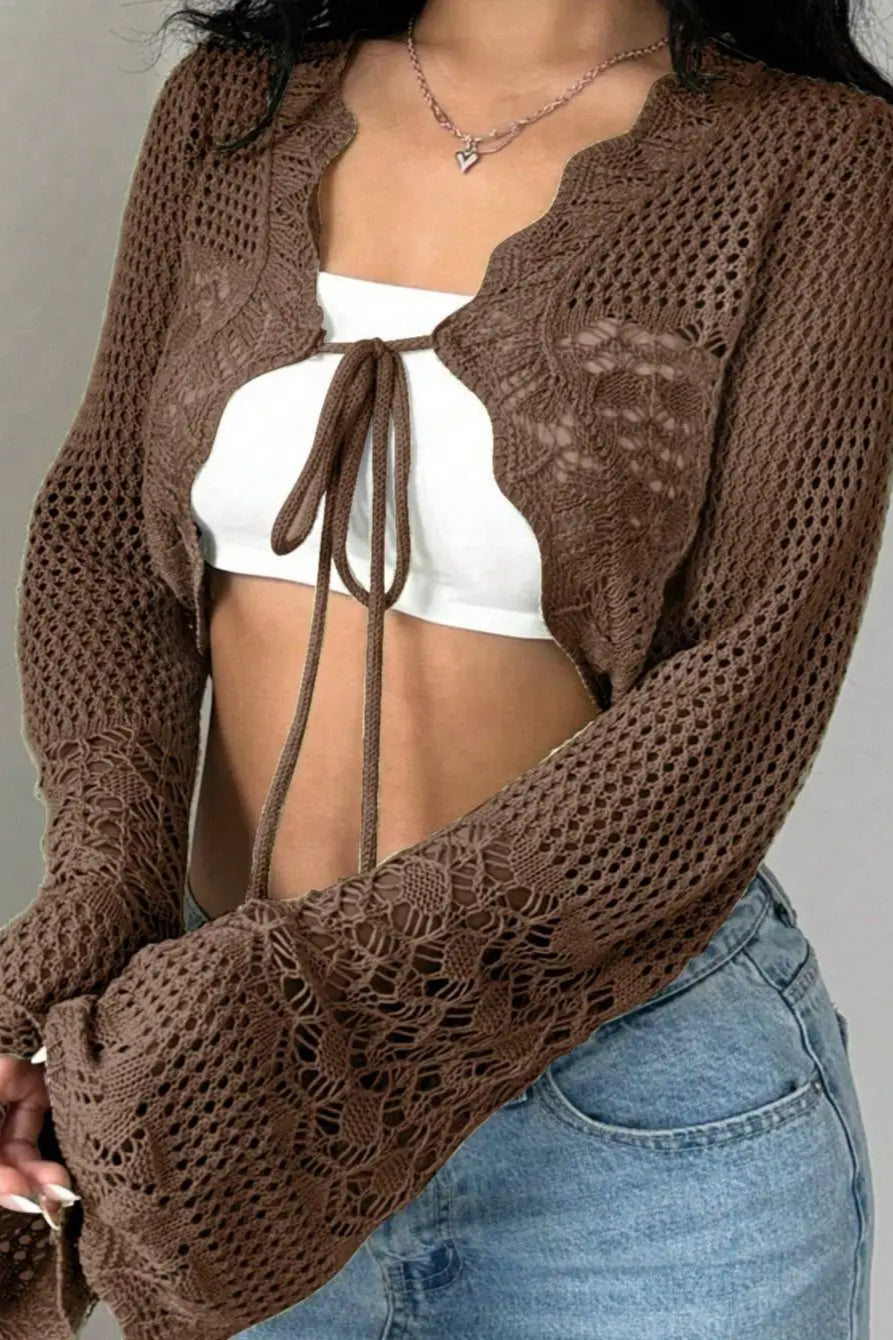 Korejpaa Y2K Clothes Ropa De Mujer Brown Hollowed Out Knitted Cardigan