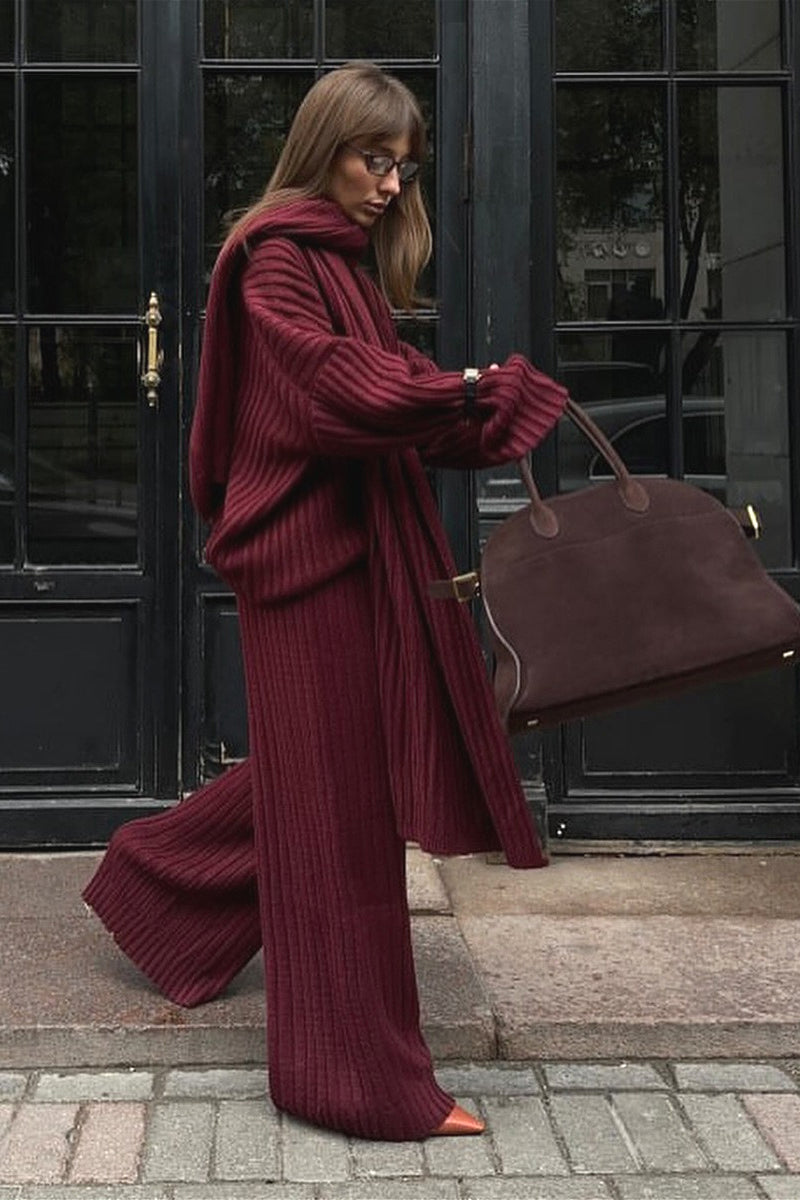 Relaxed Fit V Neck Ribbed Sweater With Pants Two Piece Set