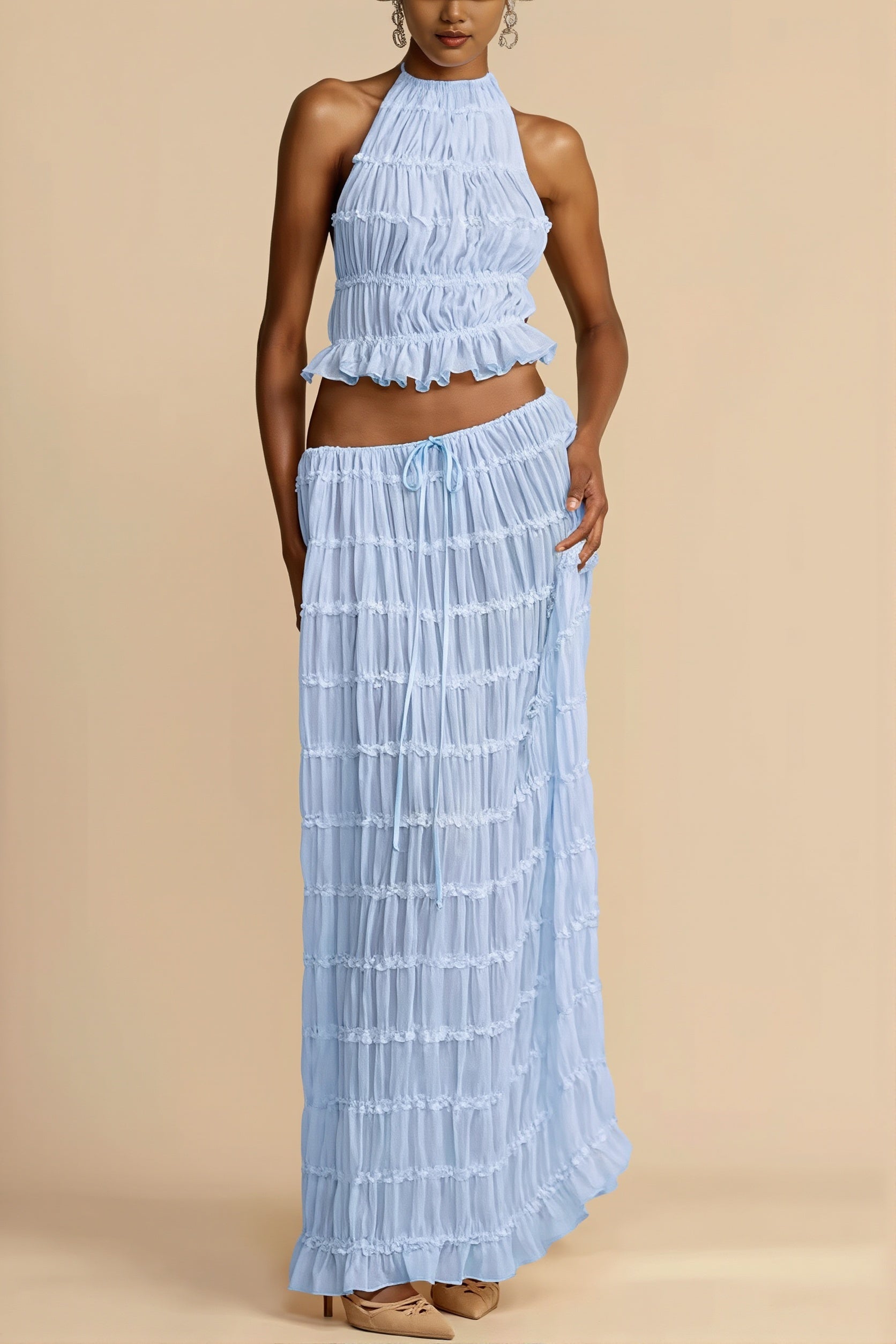 Lace Trim Halter Open Back Ruched Skirt Sets