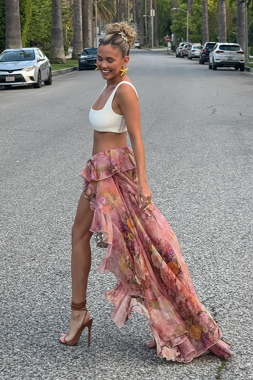 Floral Print Double Ruffle Asymmetric Skirt
