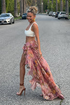 Floral Print Double Ruffle Asymmetric Skirt
