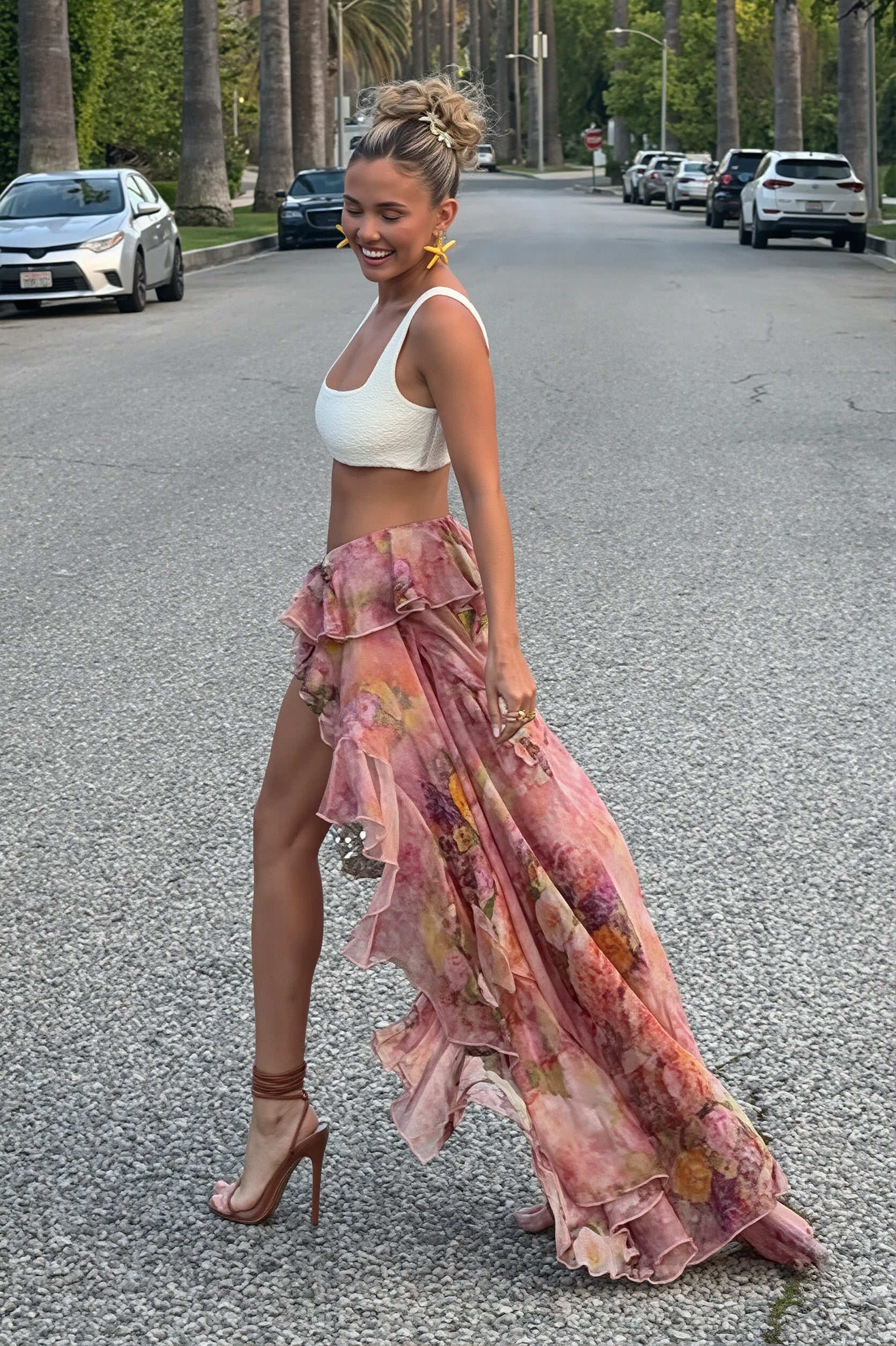 Floral Print Double Ruffle Asymmetric Skirt
