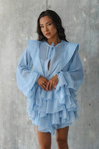 Long Sleeve Tie Mesh Sheer Tiered Mini Dress