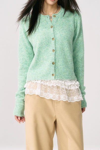 Green Knit Cuffed Solid Cardigan