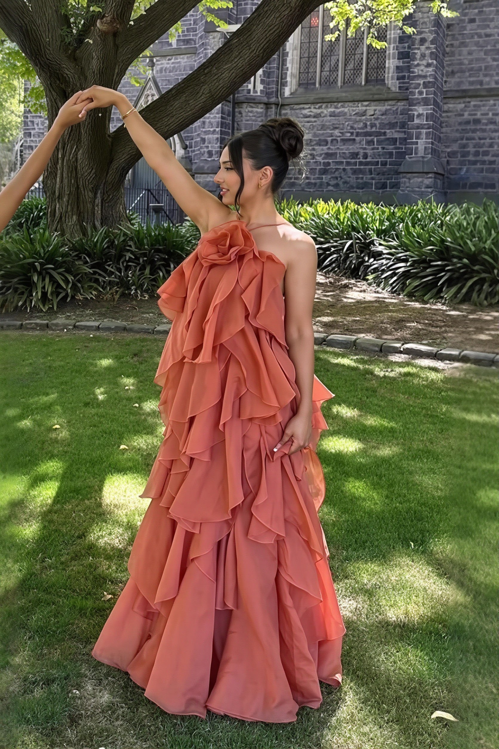 Halter Neck Floral Applique Maxi Dress