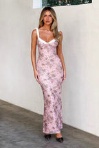 Ruched Sling V Neck Floral Slimming Long Dress
