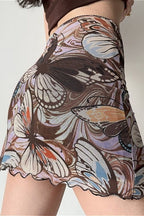 Vintage Printed Mesh Bodycon Mini Skirt