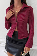 Lapel Buckle Flare Sleeve Long Blouse
