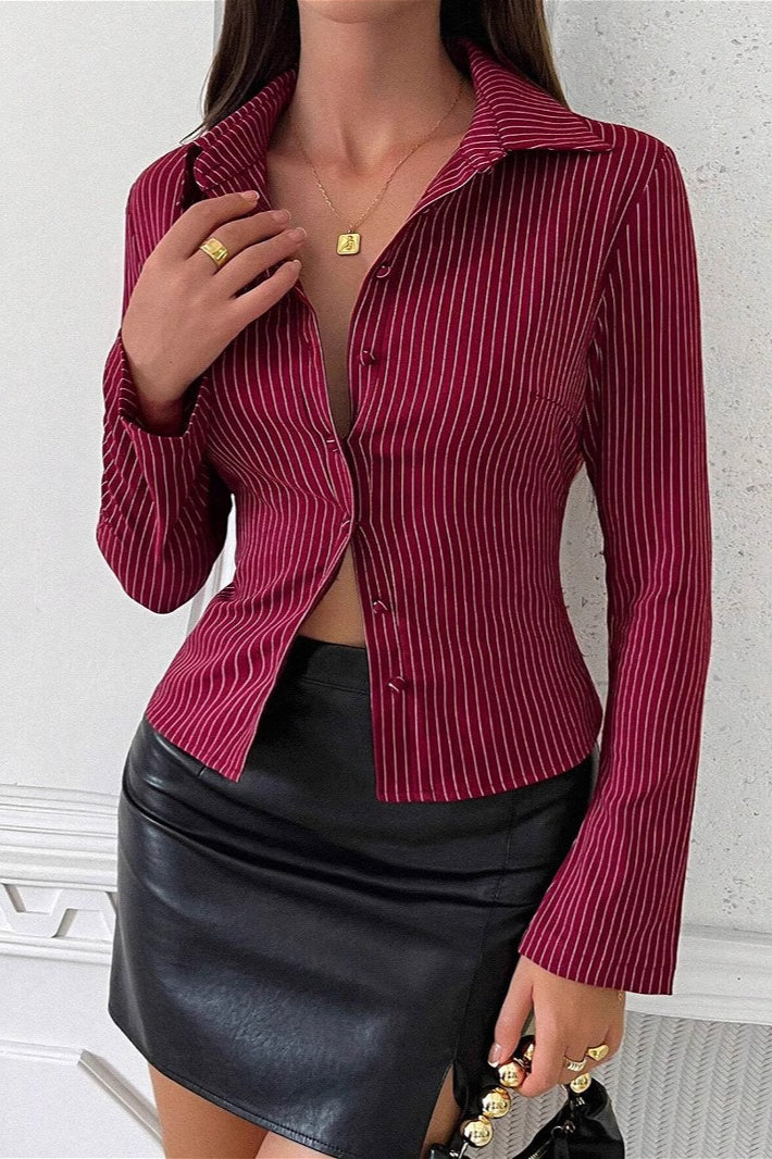 Lapel Buckle Flare Sleeve Long Blouse