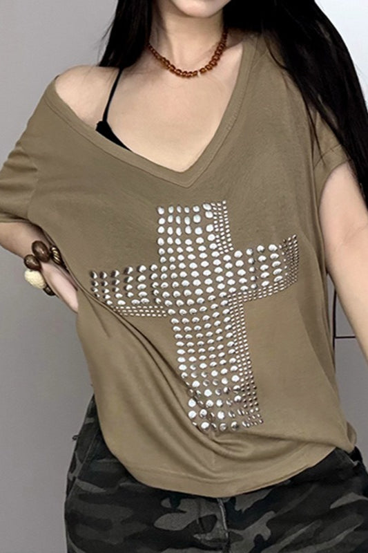 Street Cross Metallic Print Loose Casual T-Shirt