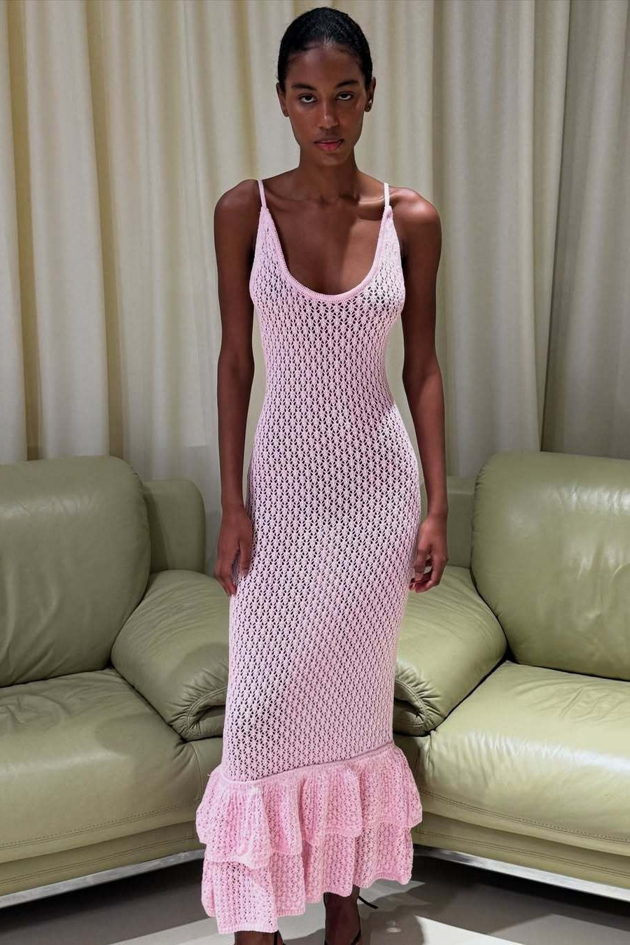Boho Ruffle Knit Cutout Sheer Cami Maxi Dress