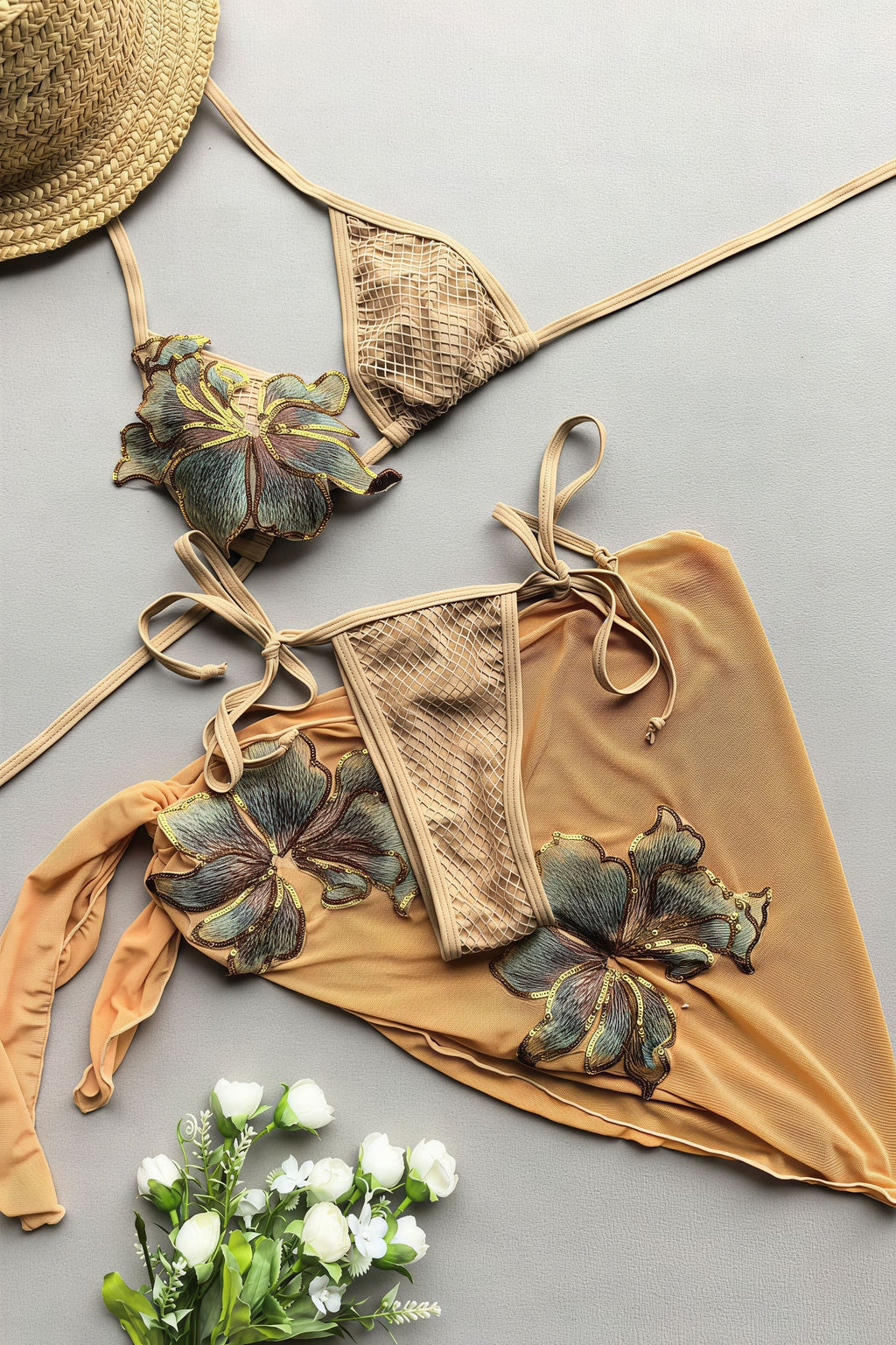 Solid Bikini And Skirt Three Piece Swim Sets