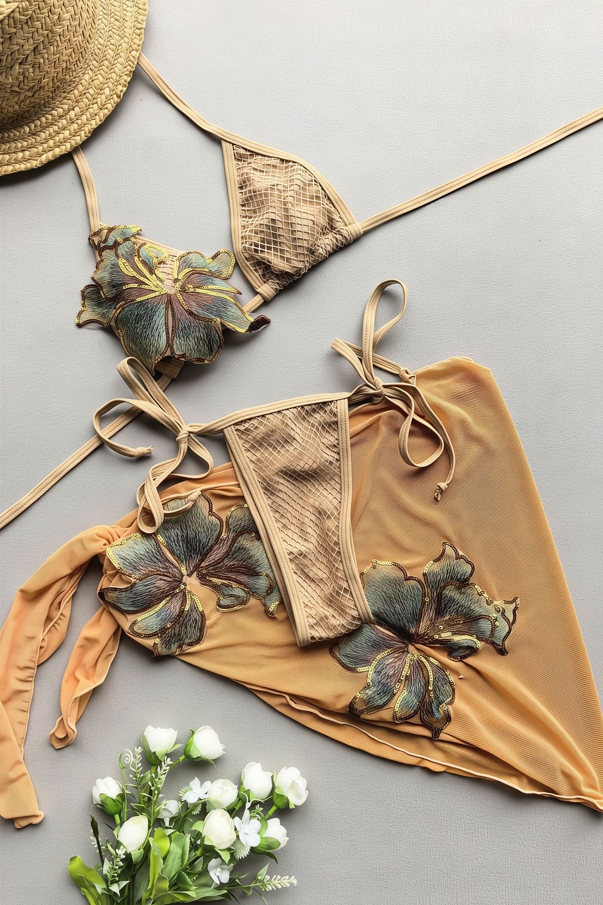 Solid Bikini And Skirt Three Piece Swim Sets