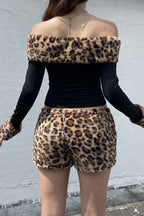 Leopard Print Fleece Off-The-Shoulder Two Piece Set