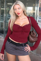 Lace Patchwork Slim Fit Long Sleeve Tee