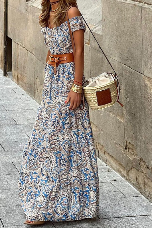 Bohemian Off-Shoulder Short Sleeve Maxi Dress