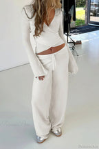 Y2K V-Neck Fitted Top Casual Pants Two Piece Set