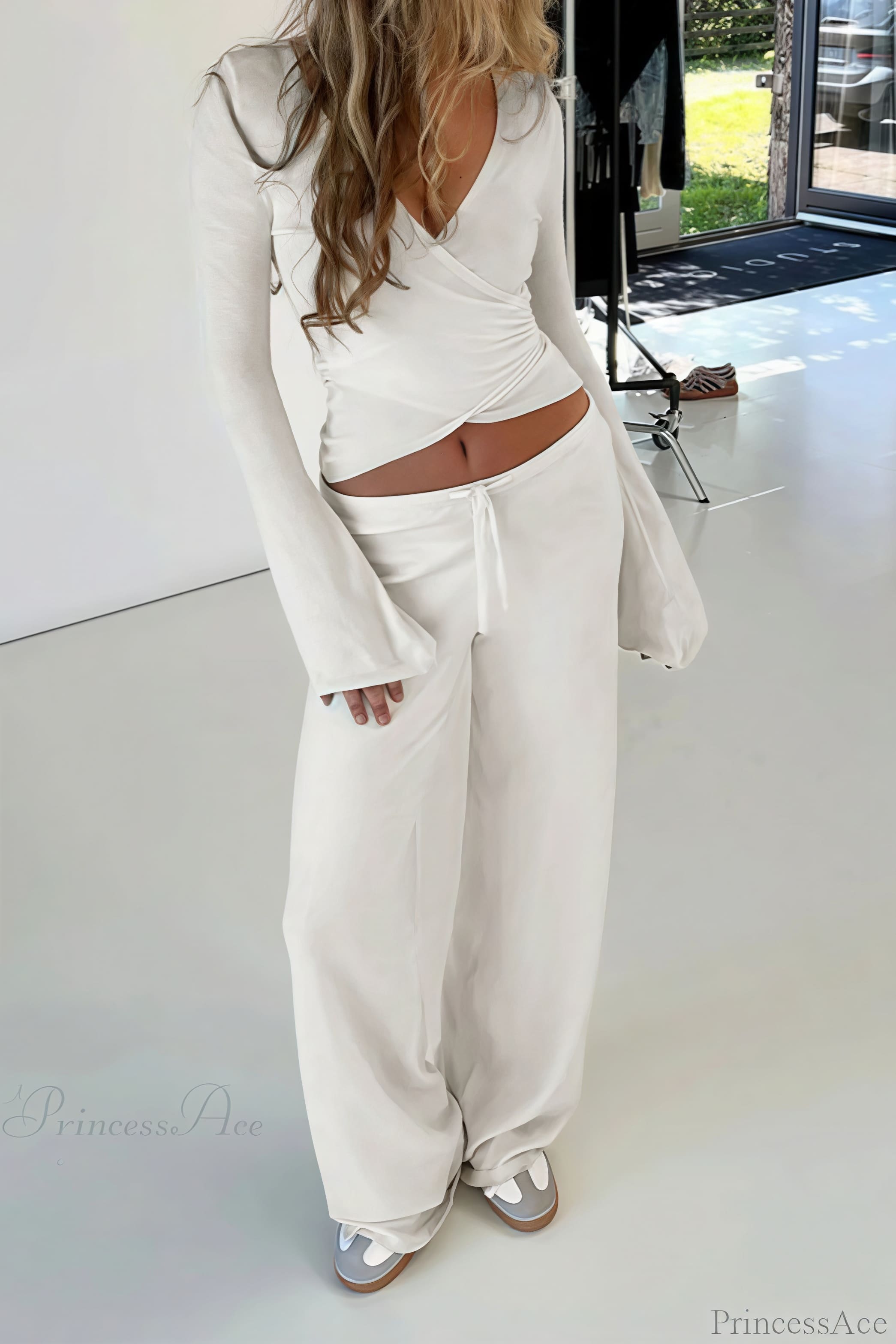 Y2K V-Neck Fitted Top Casual Pants Two Piece Set