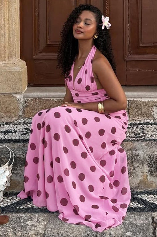 Vintage Polka Dot Halter V-Neck Maxi Dress