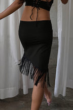 Elegant Asymmetric Tassel Midi Skirt