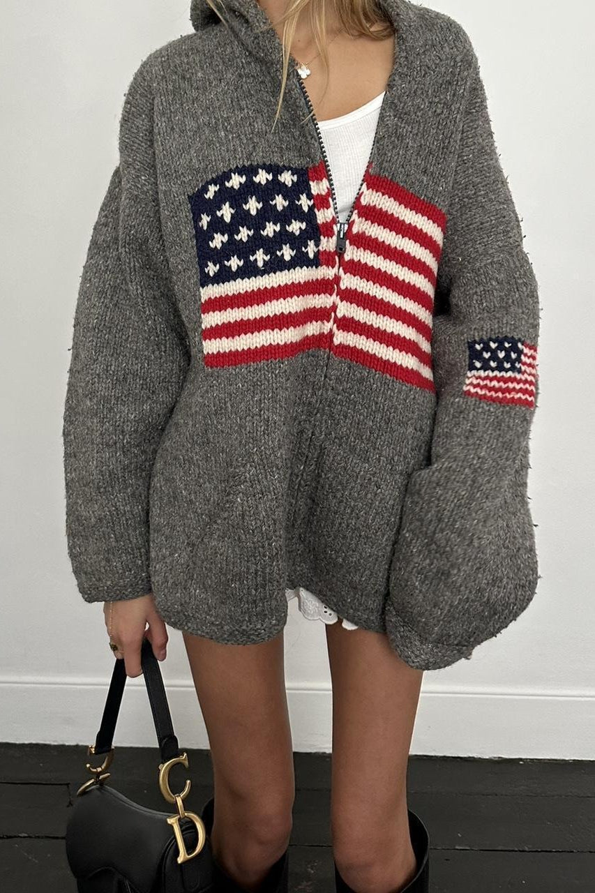 Flag Graphic Knit Zippered Hoodie