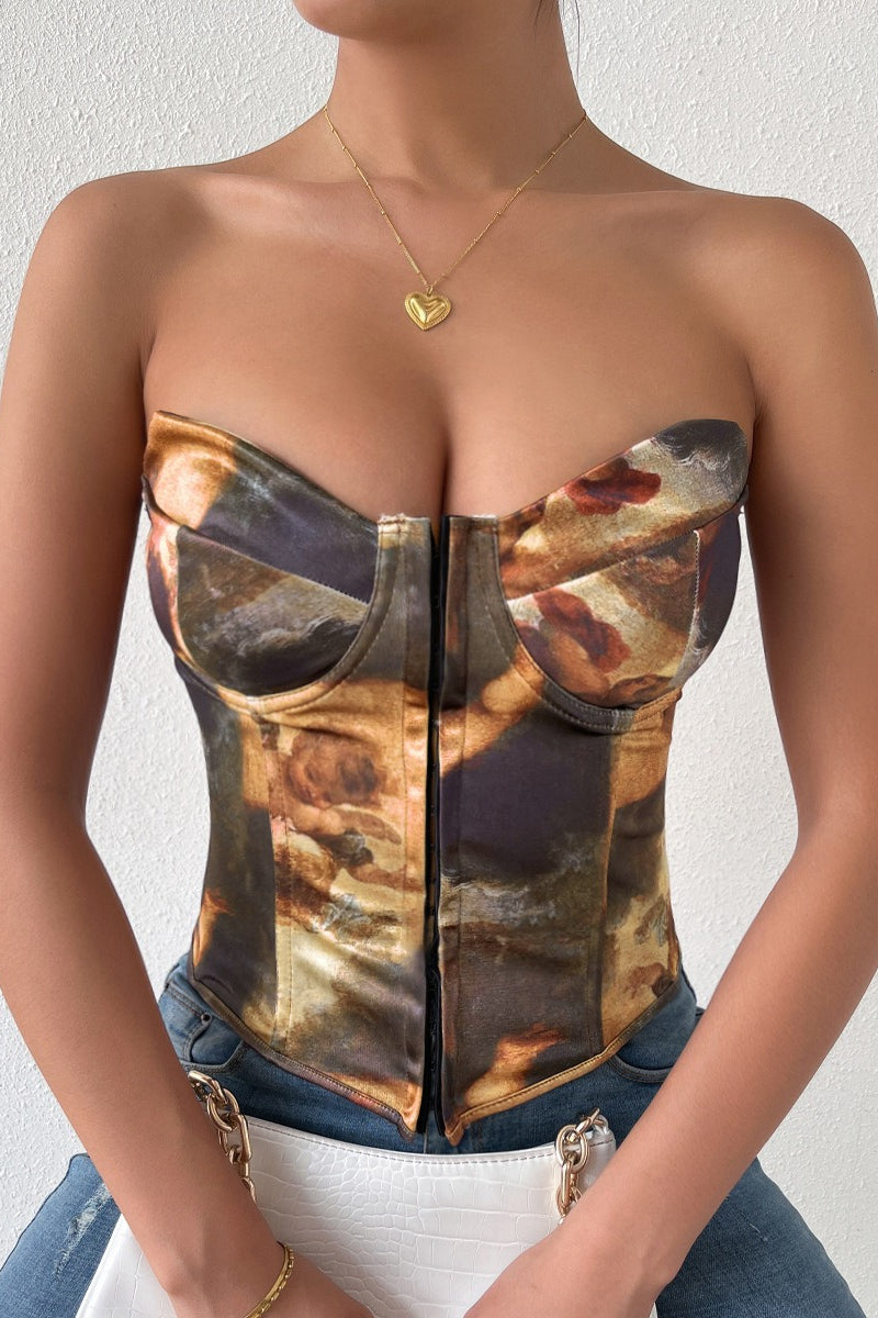 Color Block Backless Lace Up Boned Corset Blouse