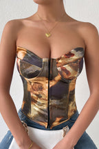Color Block Backless Lace Up Boned Corset Blouse