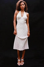 Retro Halter V Neck Polka Dot Midi Dress