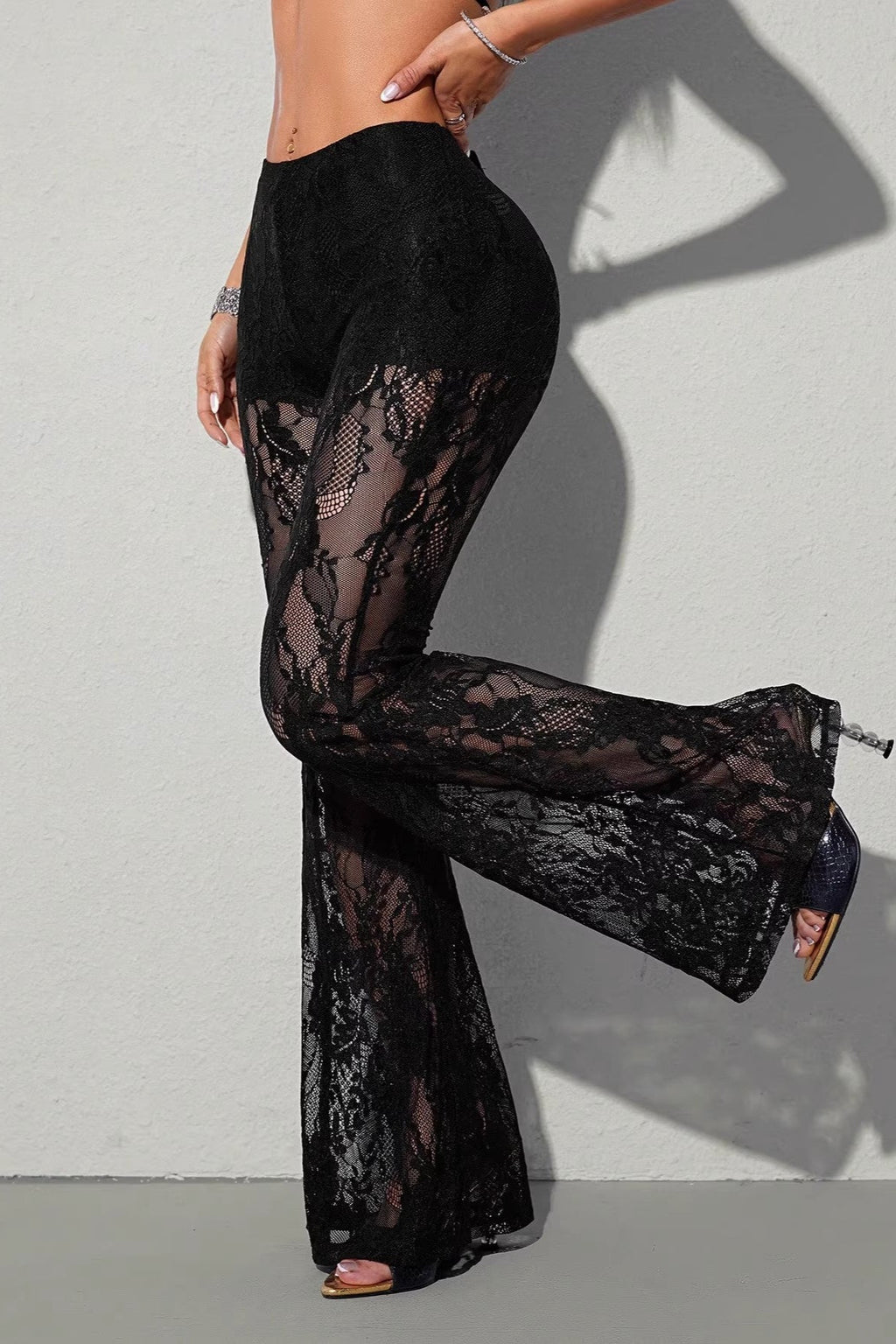 Lace Panel Flared Mesh Pants