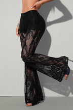 Lace Panel Flared Mesh Pants